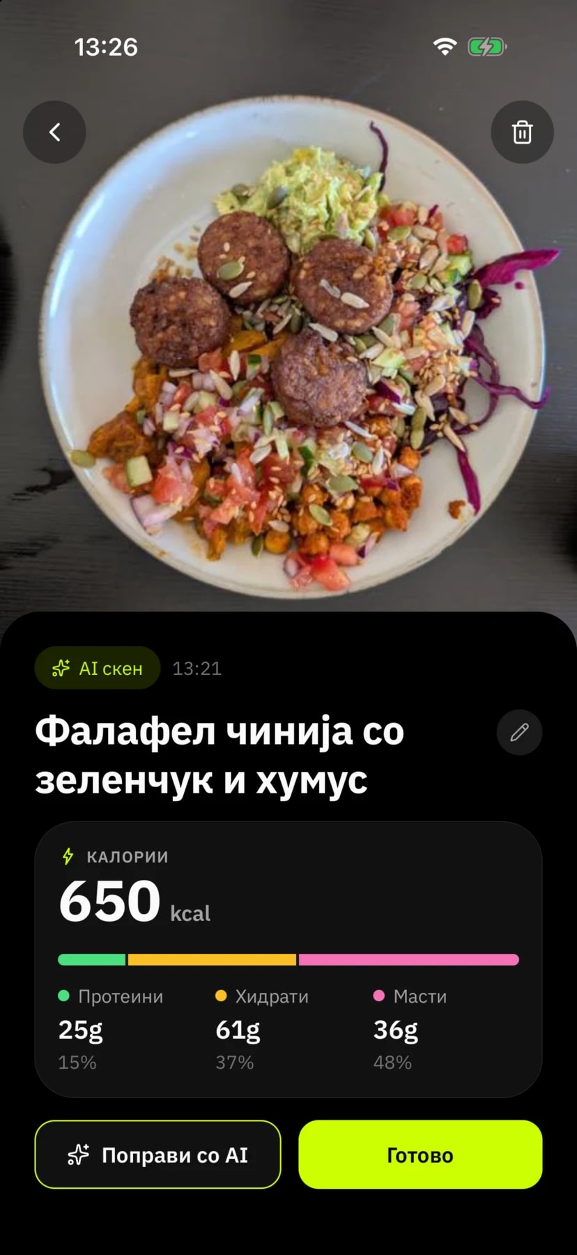 Резултат од AI скен во апликацијата: фалафел чинија со зеленчук и хумус, 650 kcal, 25 g протеини, 61 g хидрати и 36 g масти